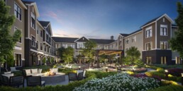 Architectural rendering of exterior patio area of Quartet Senior Living in Bettendorf, IA