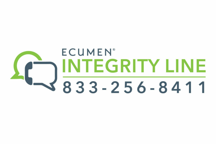 Ecumen Integrity Line logo with phone number 833-256-8411 and two speech bubble icons.