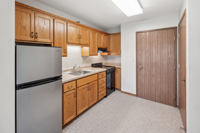Compact Benedict Court kitchen with wooden cabinets, stainless steel fridge, oven, and dishwasher. Brown door on the right.