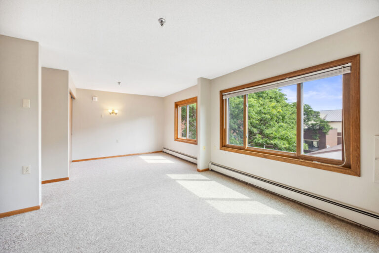 Bright Benedict Village living room with large window, beige carpet, and cream walls; peaceful view of trees outside.
