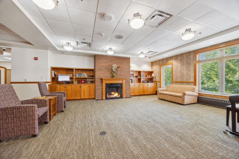 Cozy room with a fireplace, bookshelf, and seating area, featuring large windows and carpeted flooring.