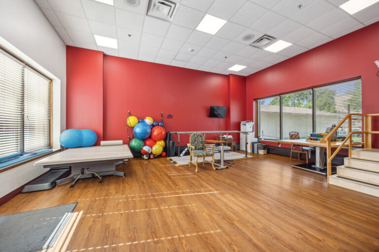 Therapy room with exercise balls, mats, chairs, and equipment, featuring red walls and large windows.